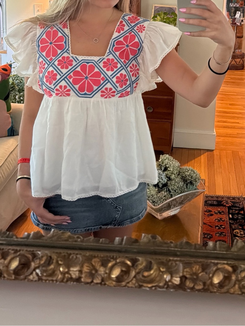 White Cotton Top with Pink & Blue Floral Embroidery